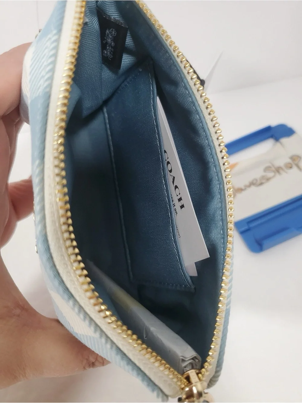 Coach Blue Gingham Wristlet Pouch with Cherry charm NWT